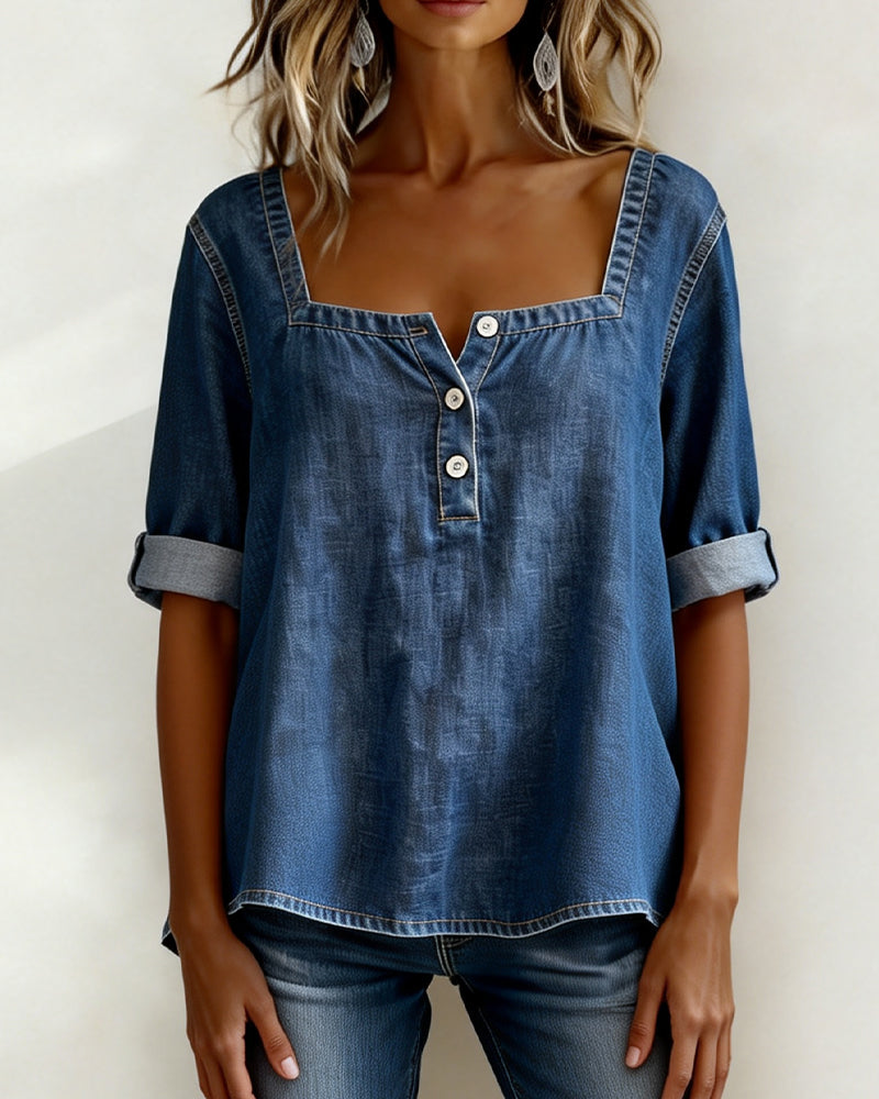 Avélia™ | Camisa de mezclilla con cuello cuadrado
