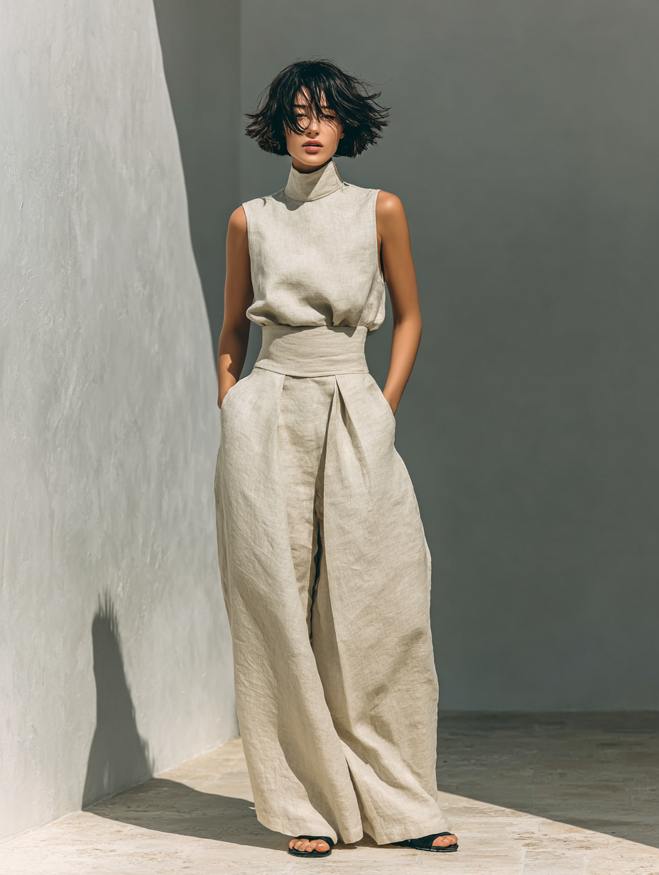 Maria - Top y pantalones anchos de algodón y lino en estilo minimalista para mujer