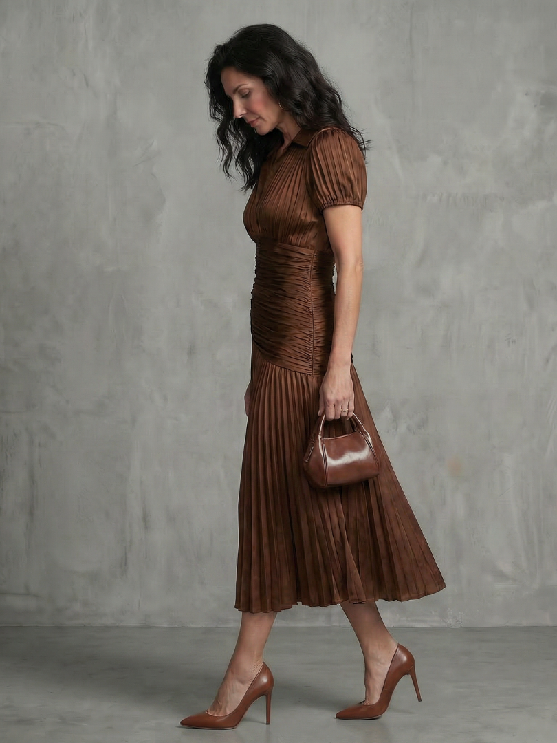 Theodora | Vestido Midi con Rayas y Cintura Plisada