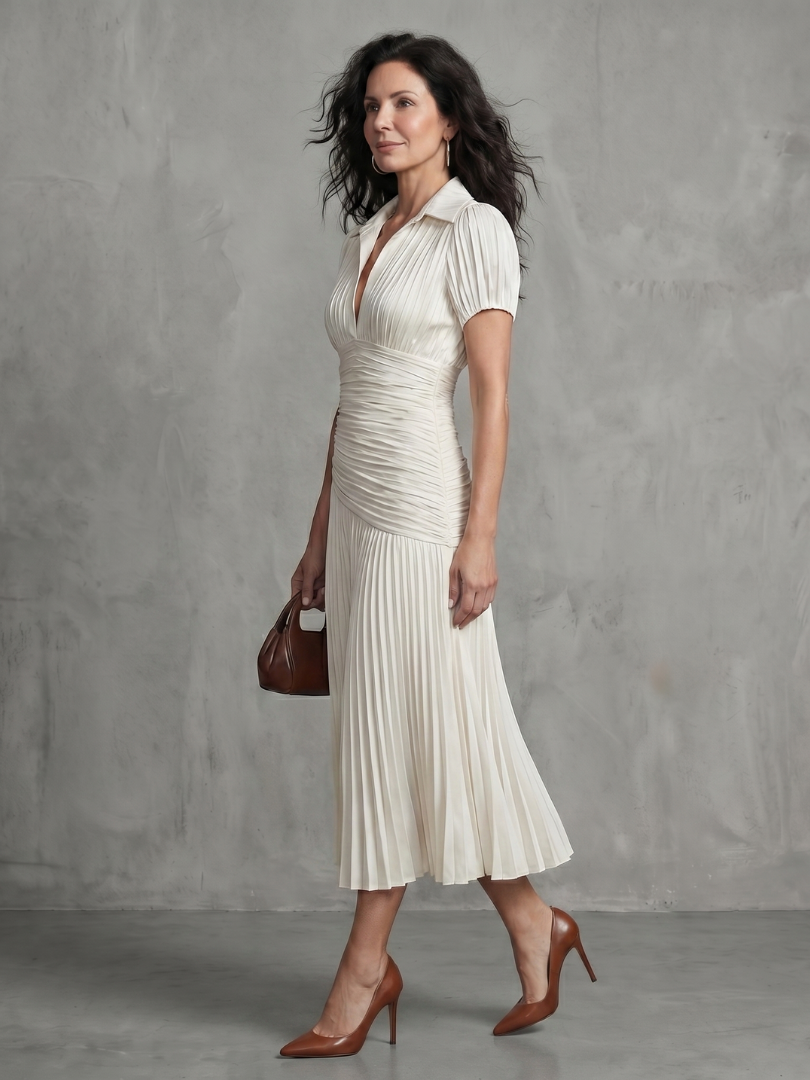 Theodora | Vestido Midi con Rayas y Cintura Plisada