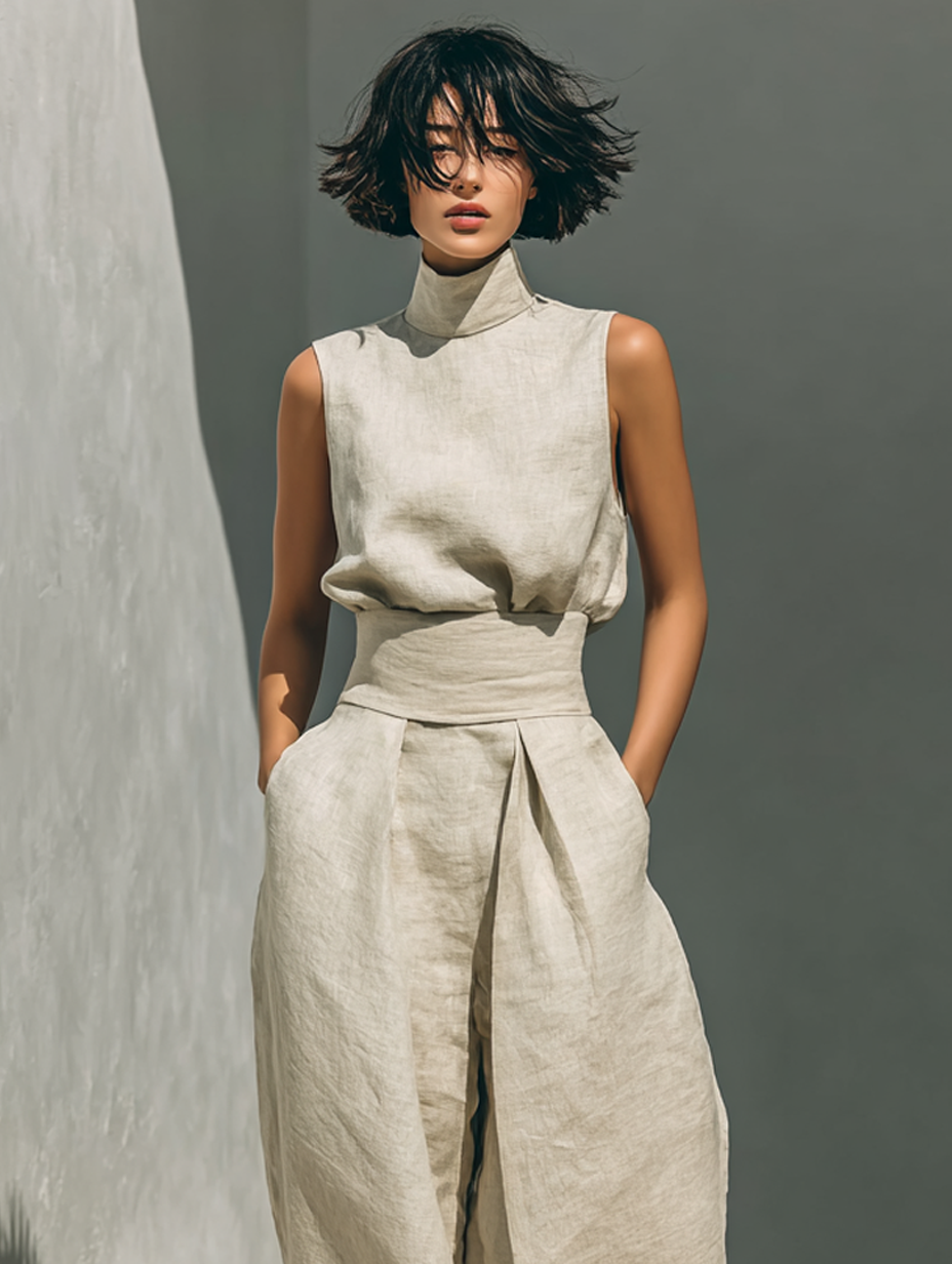 Maria - Top y pantalones anchos de algodón y lino en estilo minimalista para mujer
