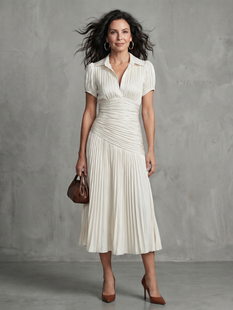 Theodora | Vestido Midi con Rayas y Cintura Plisada