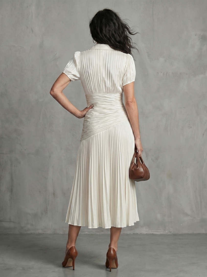 Theodora | Vestido Midi con Rayas y Cintura Plisada