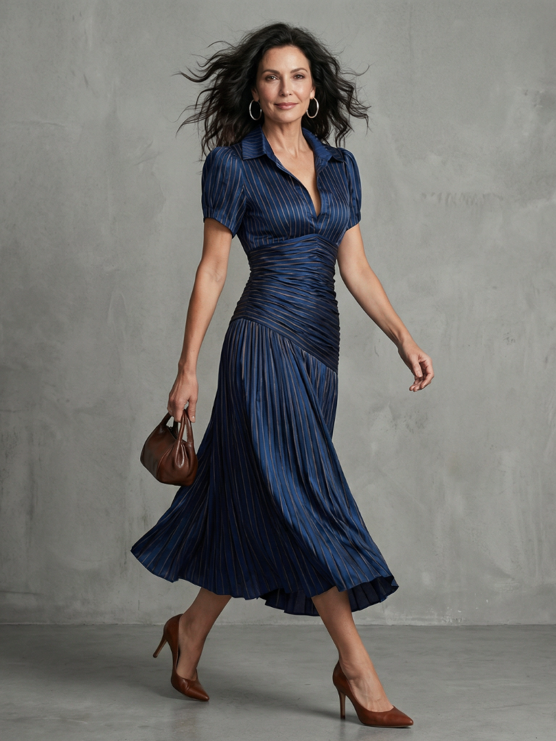 Theodora | Vestido Midi con Rayas y Cintura Plisada