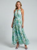 Portia | Vestido Midi Halter Floral con Pliegues Suaves