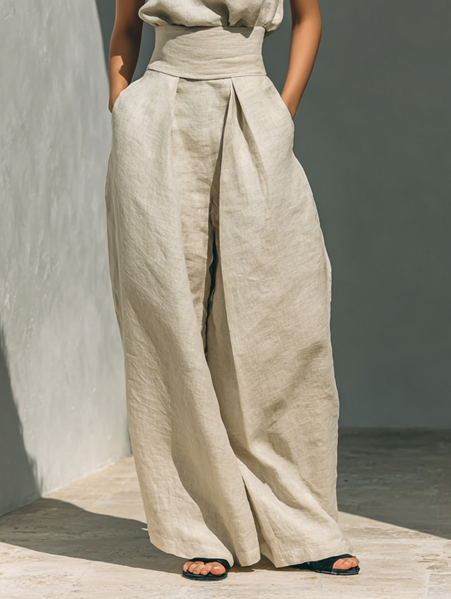 Maria - Top y pantalones anchos de algodón y lino en estilo minimalista para mujer