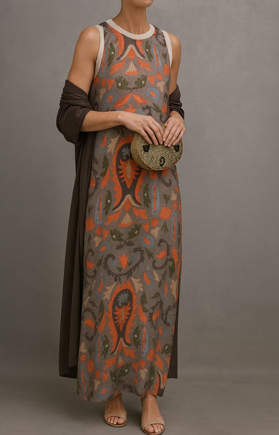 Élina | Conjunto vestido largo estampado con chaleco a juego