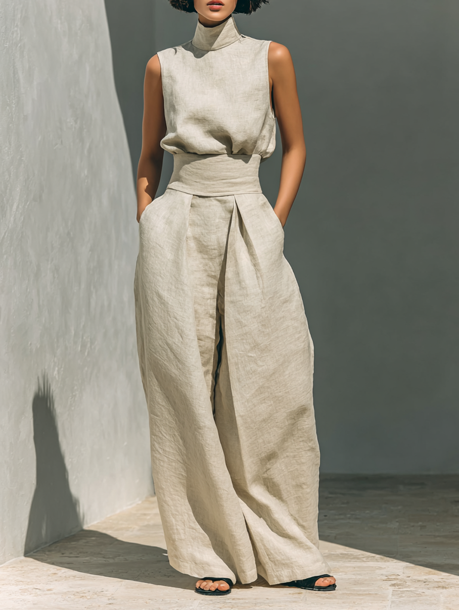 Maria - Top y pantalones anchos de algodón y lino en estilo minimalista para mujer