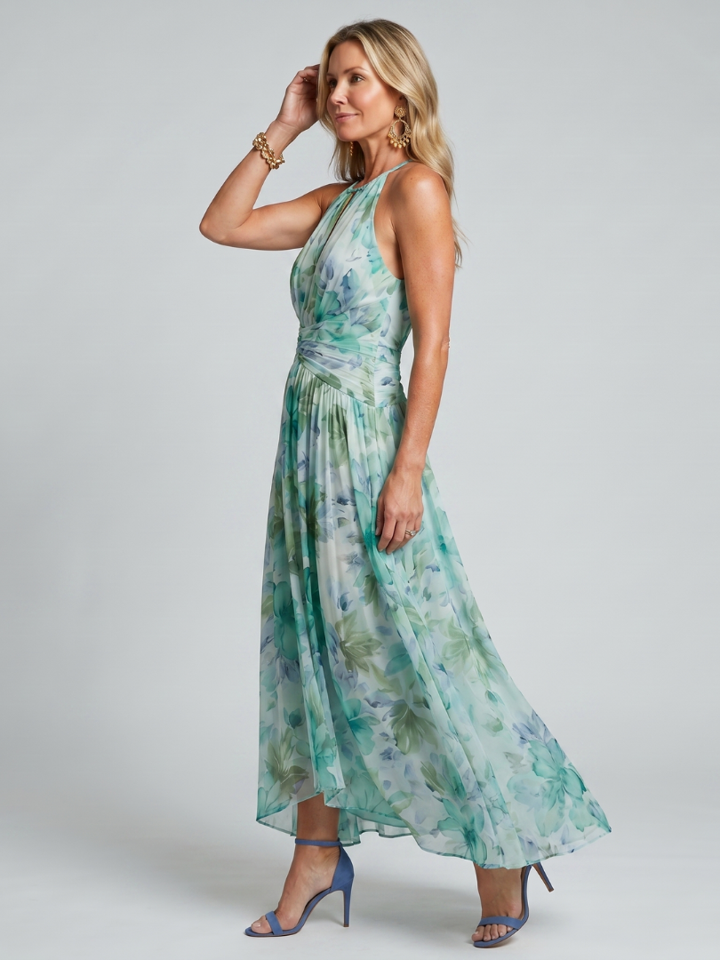 Portia | Vestido Midi Halter Floral con Pliegues Suaves