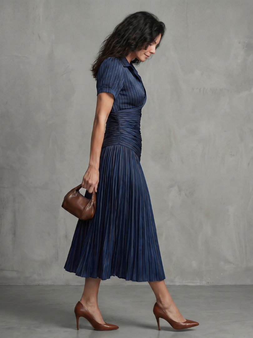 Theodora | Vestido Midi con Rayas y Cintura Plisada