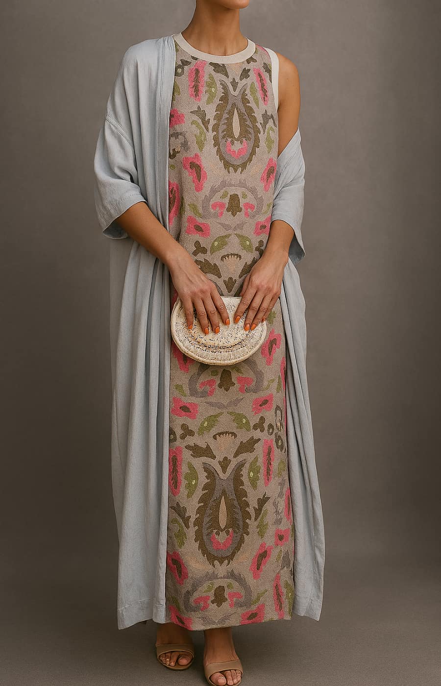 Élina | Conjunto vestido largo estampado con chaleco a juego