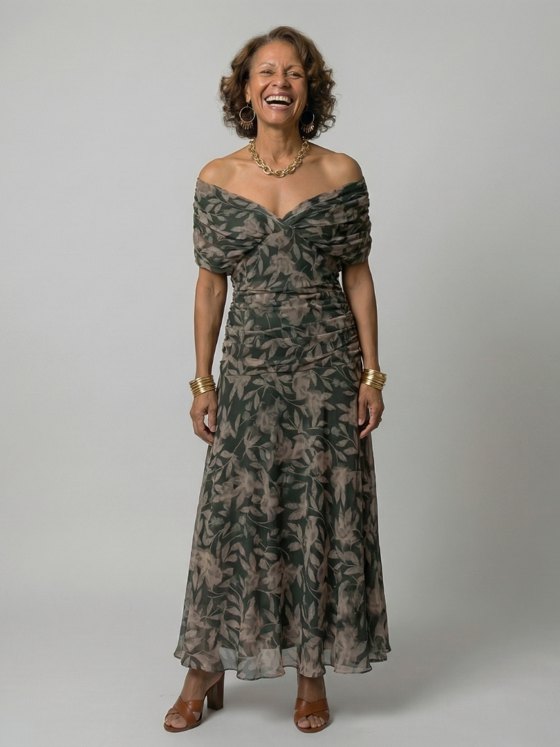 Calen | Vestido Midi Fluido Hombros Descubiertos