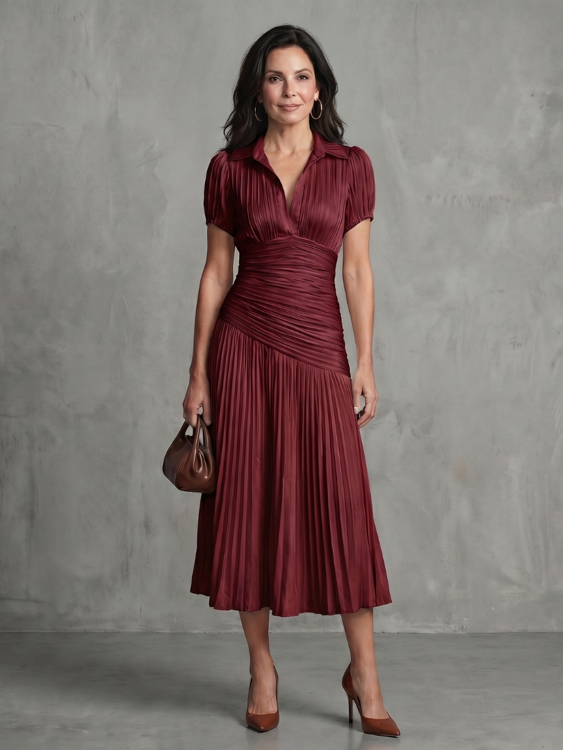 Theodora | Vestido Midi con Rayas y Cintura Plisada