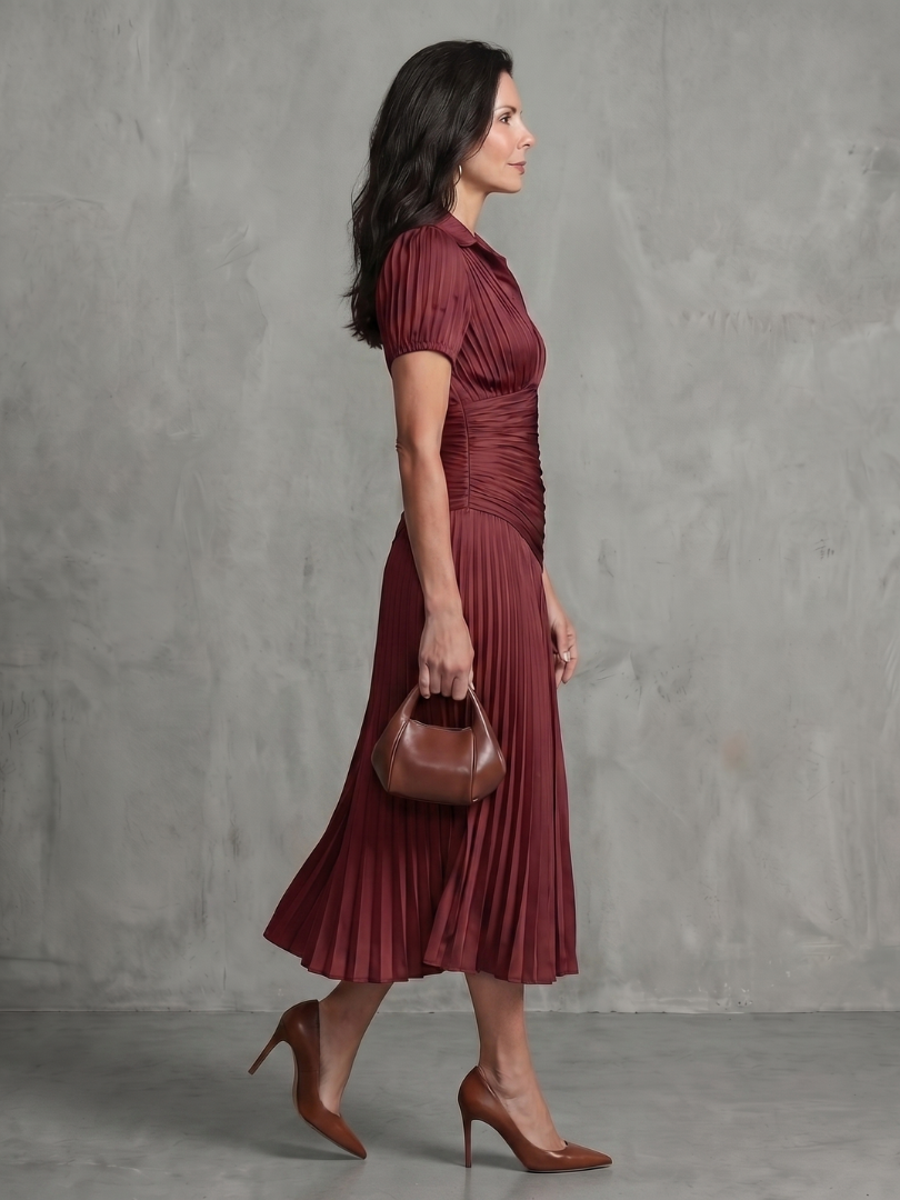 Theodora | Vestido Midi con Rayas y Cintura Plisada