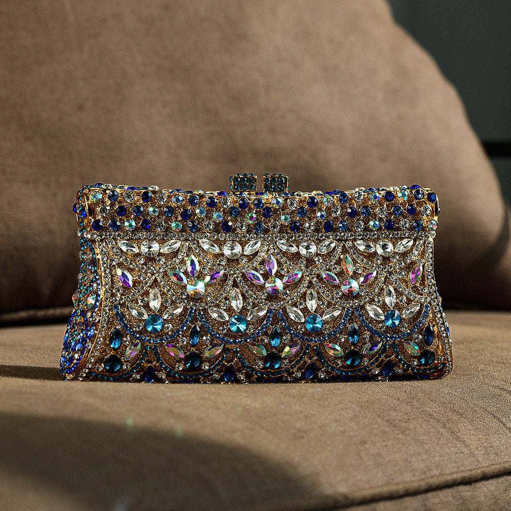 Clutch Dorado con Cristales Multicolor – Bolso de Mano Brillante para Fiestas y Bodas de Lujo