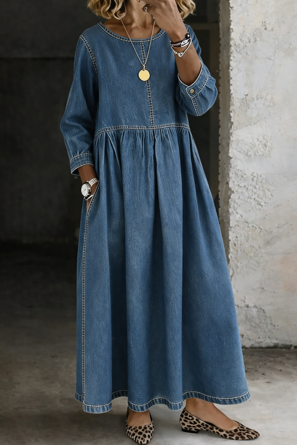 Melissa™ | Vestido de mezclilla cuello redondo manga larga
