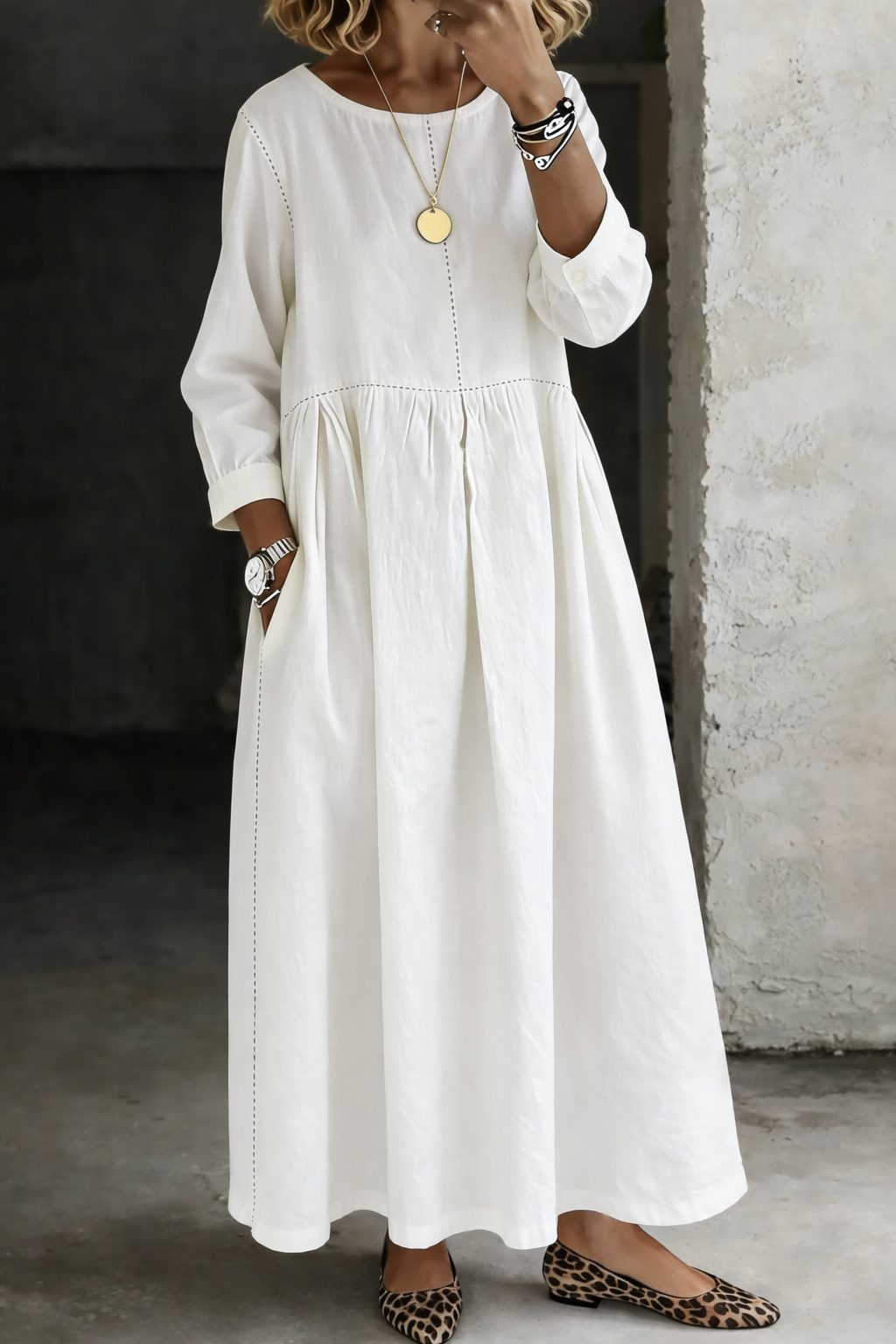 Melissa™ | Vestido de mezclilla cuello redondo manga larga