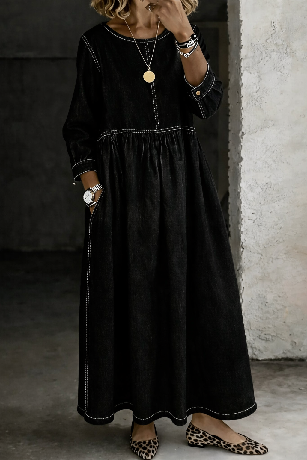 Melissa™ | Vestido de mezclilla cuello redondo manga larga