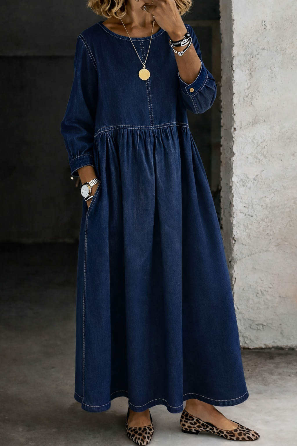 Melissa™ | Vestido de mezclilla cuello redondo manga larga