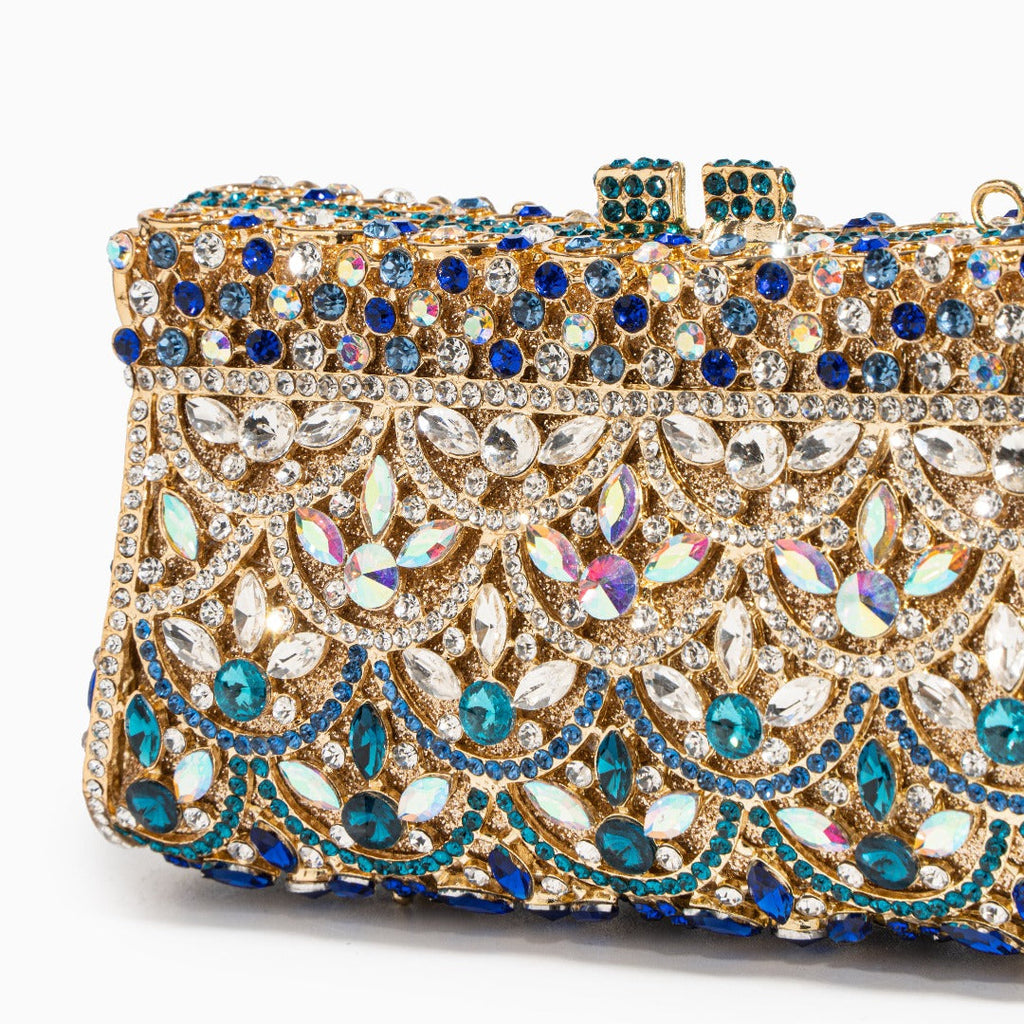 Clutch Dorado con Cristales Multicolor – Bolso de Mano Brillante para Fiestas y Bodas de Lujo