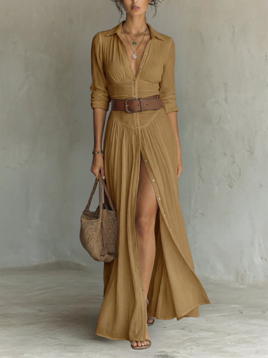 Vestido Largo con Cuello de Solapa y Mangas Largas en Lino para Mujer