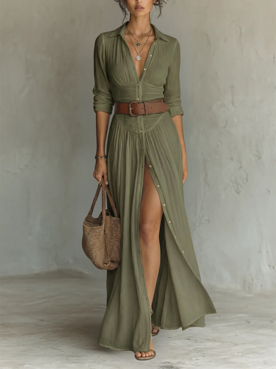 Vestido maxi - largo para mujer con cuello de solapa y mangas largas de lino