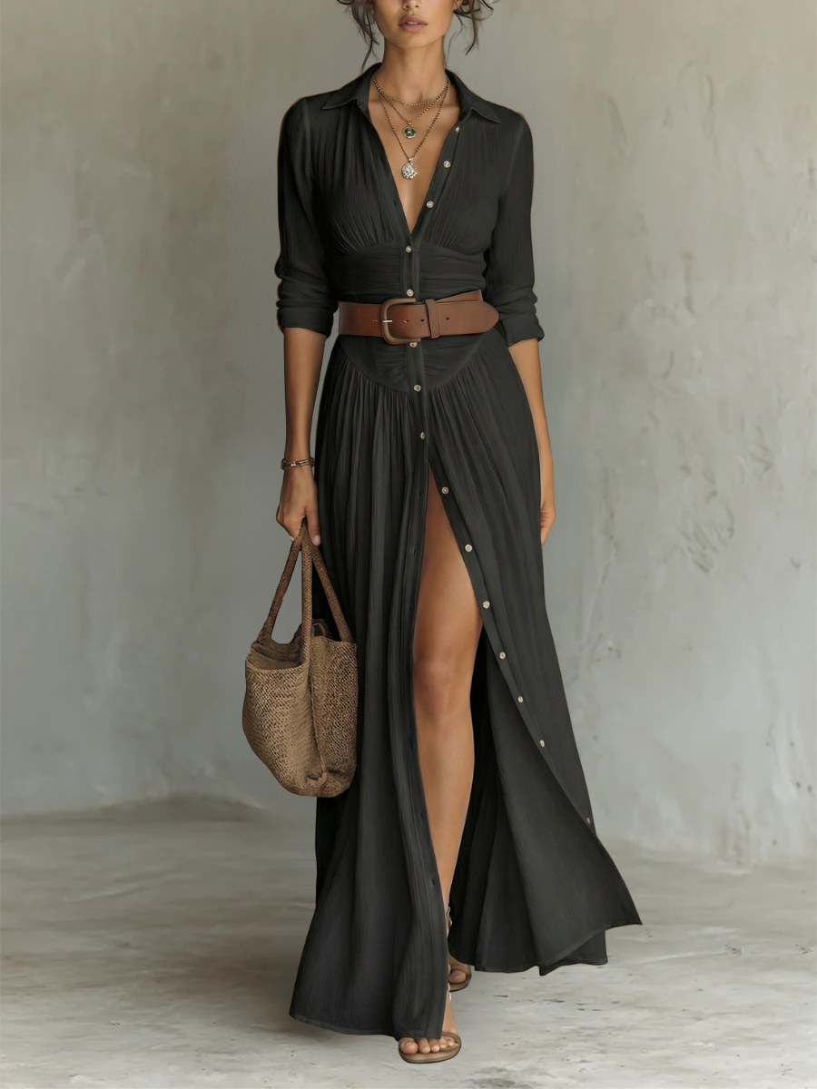 Vestido maxi - largo para mujer con cuello de solapa y mangas largas de lino