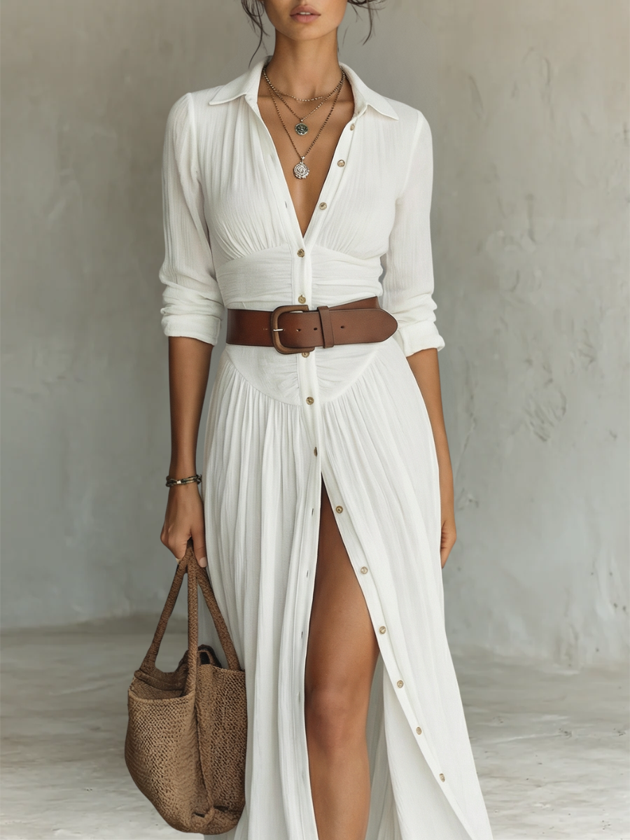 Vestido Largo con Cuello de Solapa y Mangas Largas en Lino para Mujer