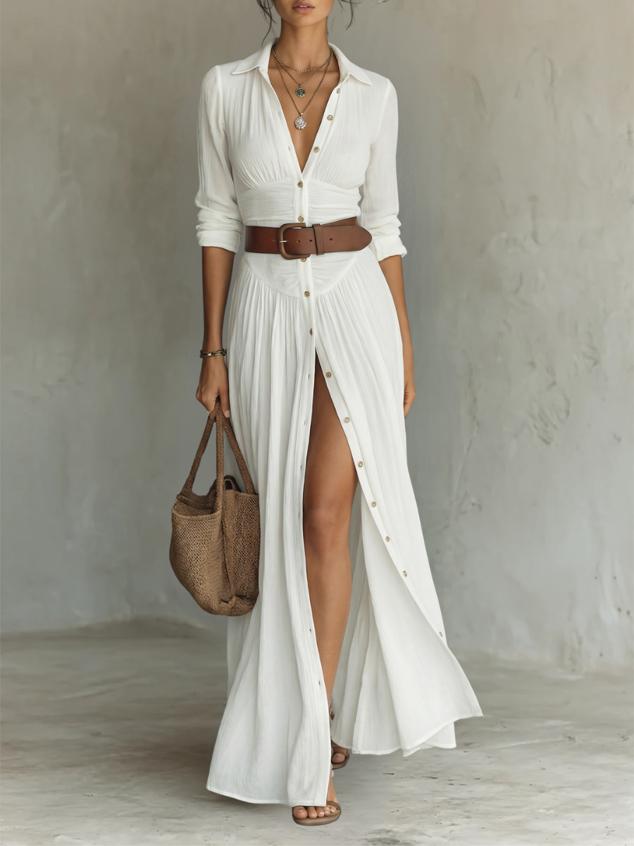 Vestido Largo con Cuello de Solapa y Mangas Largas en Lino para Mujer