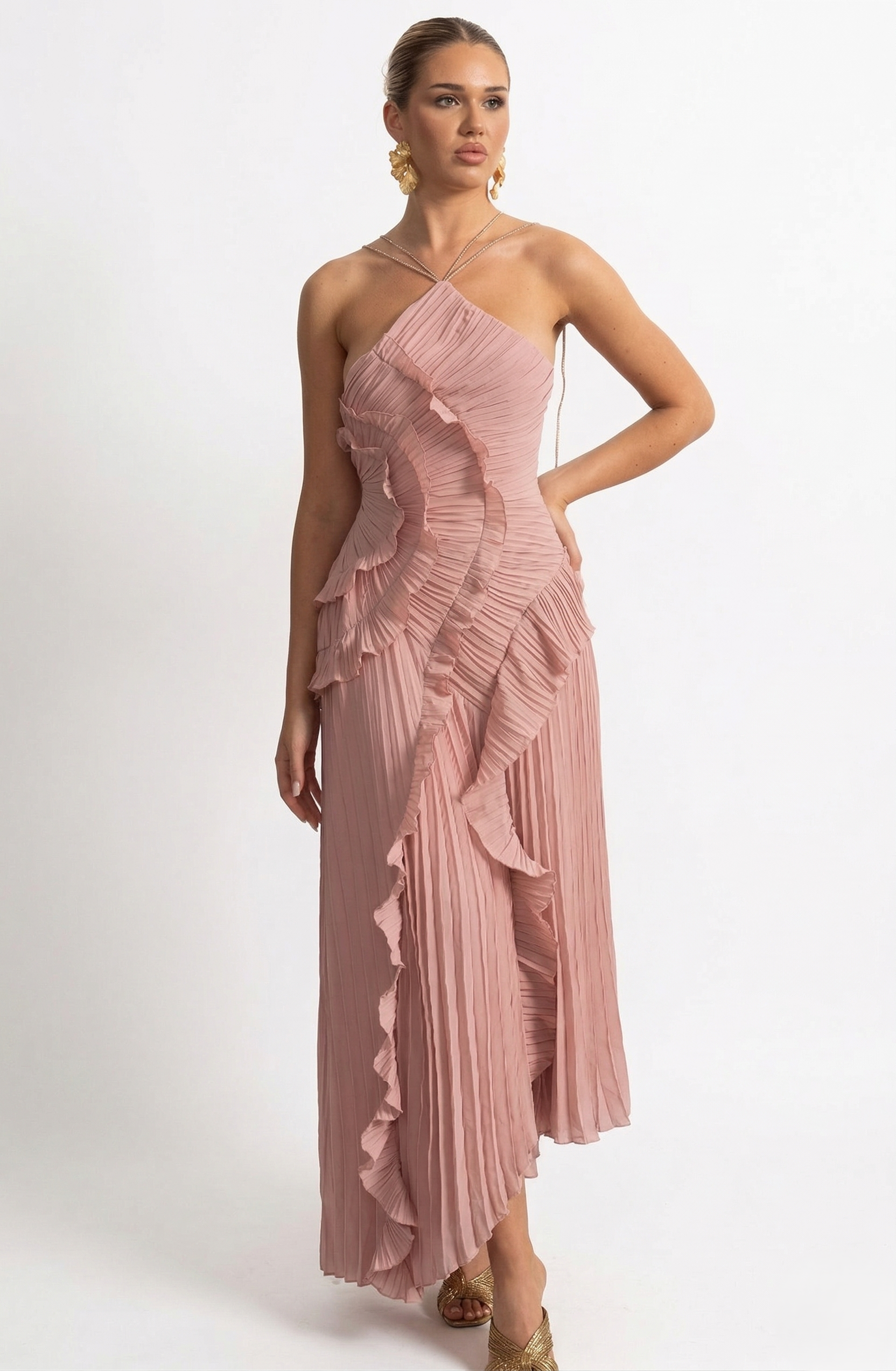 Vestido midi con cuello halter plisado y volantes en cascada - Rosa
