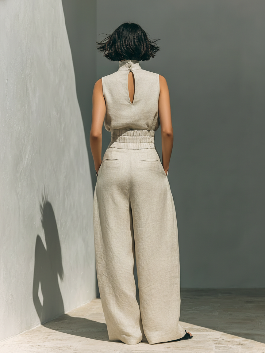 Maria - Top y pantalones anchos de algodón y lino en estilo minimalista para mujer