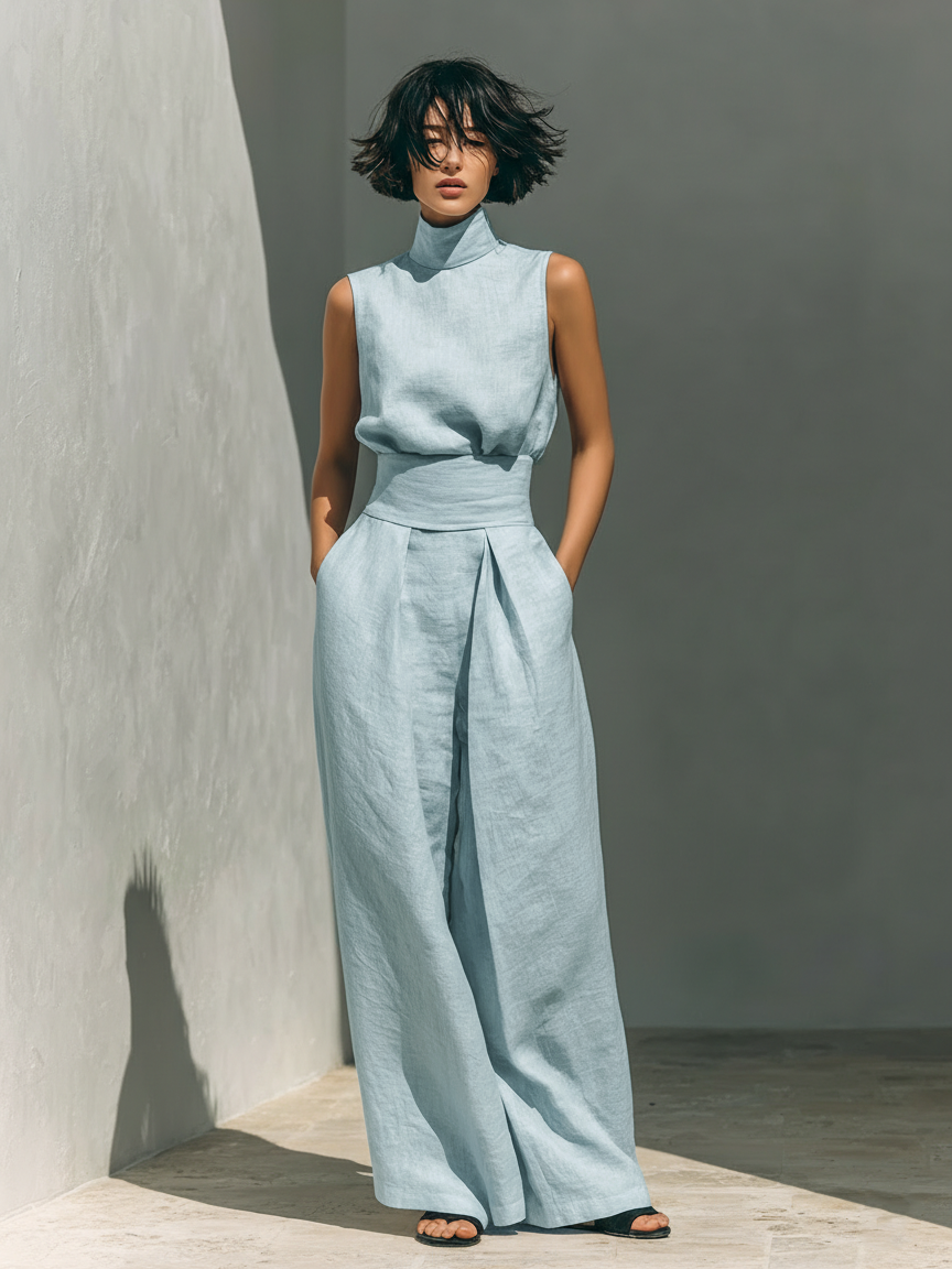 Maria - Top y pantalones anchos de algodón y lino en estilo minimalista para mujer