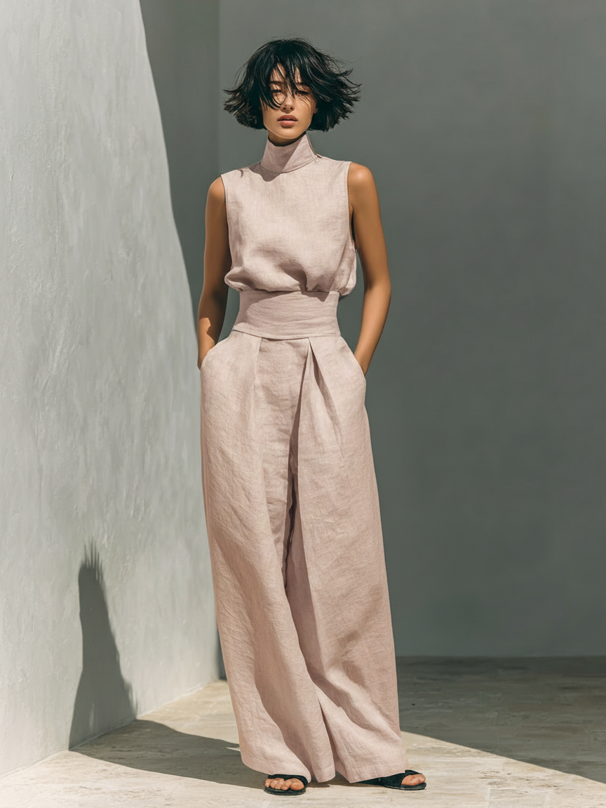 Maria - Top y pantalones anchos de algodón y lino en estilo minimalista para mujer