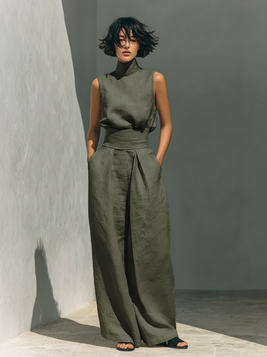 Maria - Top y pantalones anchos de algodón y lino en estilo minimalista para mujer