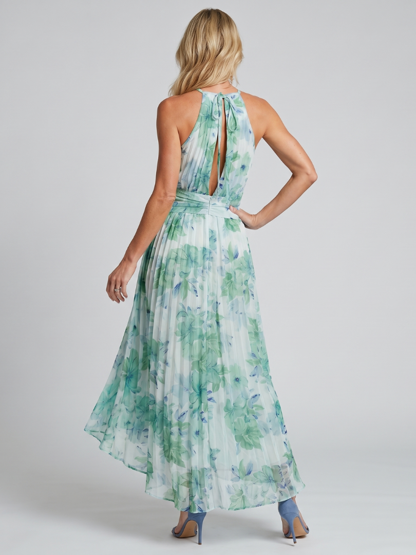 Portia | Vestido Midi Halter Floral con Pliegues Suaves