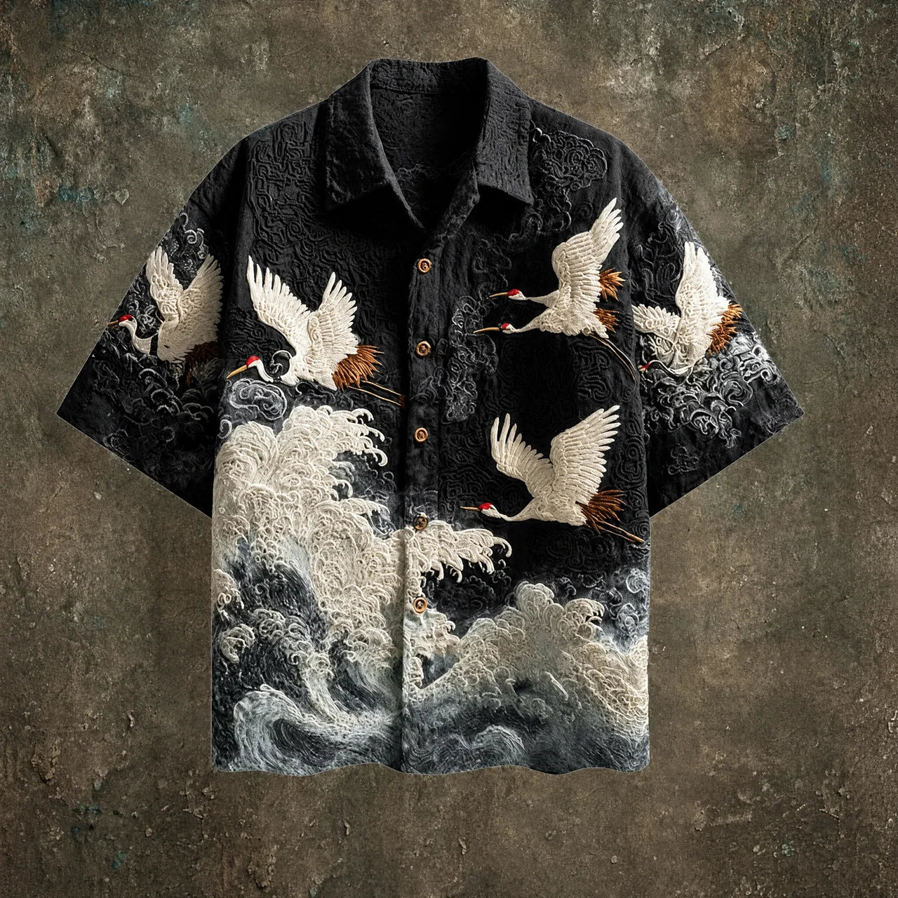 Kuro | Camisa Estampada de Grullas y Olas para Hombre