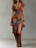 Martina - Vestido midi plisado con escote en V, estampado artístico abstracto de estilo bohemio
