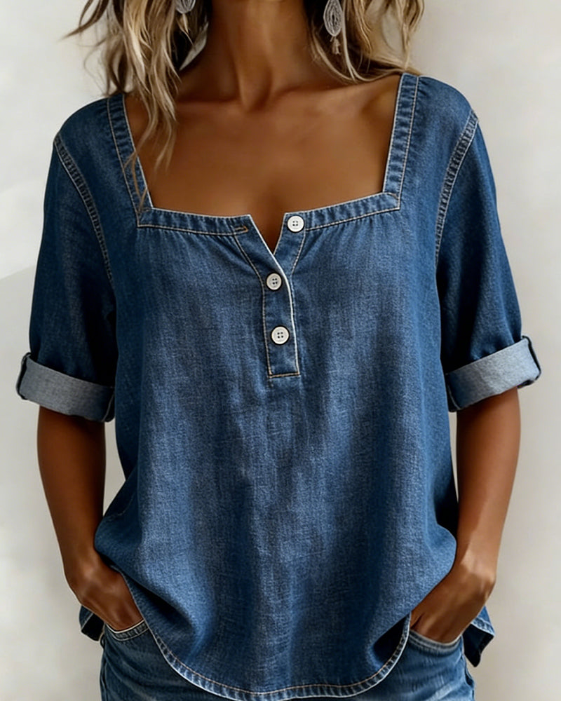 Avélia™ | Camisa de mezclilla con cuello cuadrado