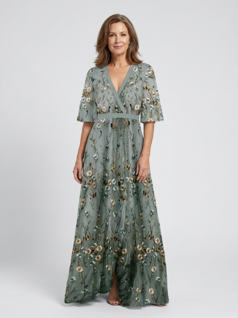 Evadne™ | Vestido Maxi Floral Escote en V Manga Corta