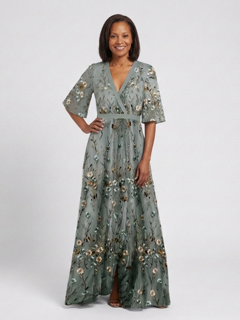 Evadne™ | Vestido Maxi Floral Escote en V Manga Corta