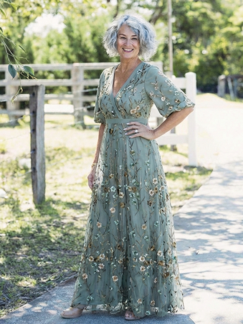 Evadne™ | Vestido Maxi Floral Escote en V Manga Corta
