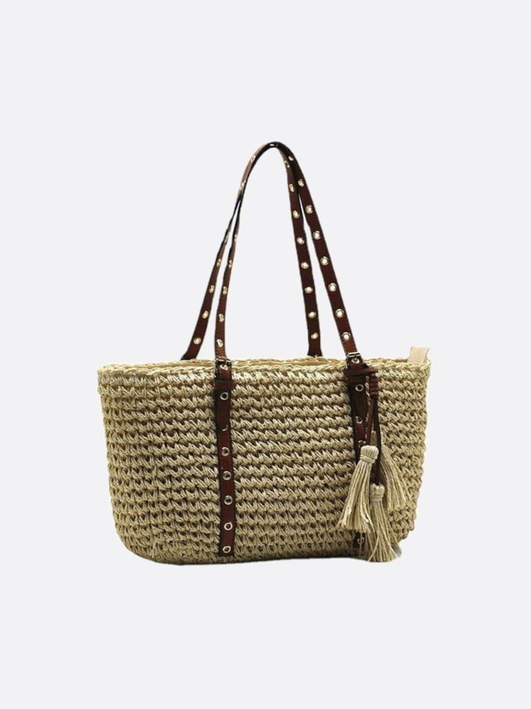Bolso Cesta de Paja con Asas de Piel Sintética y Borlas
