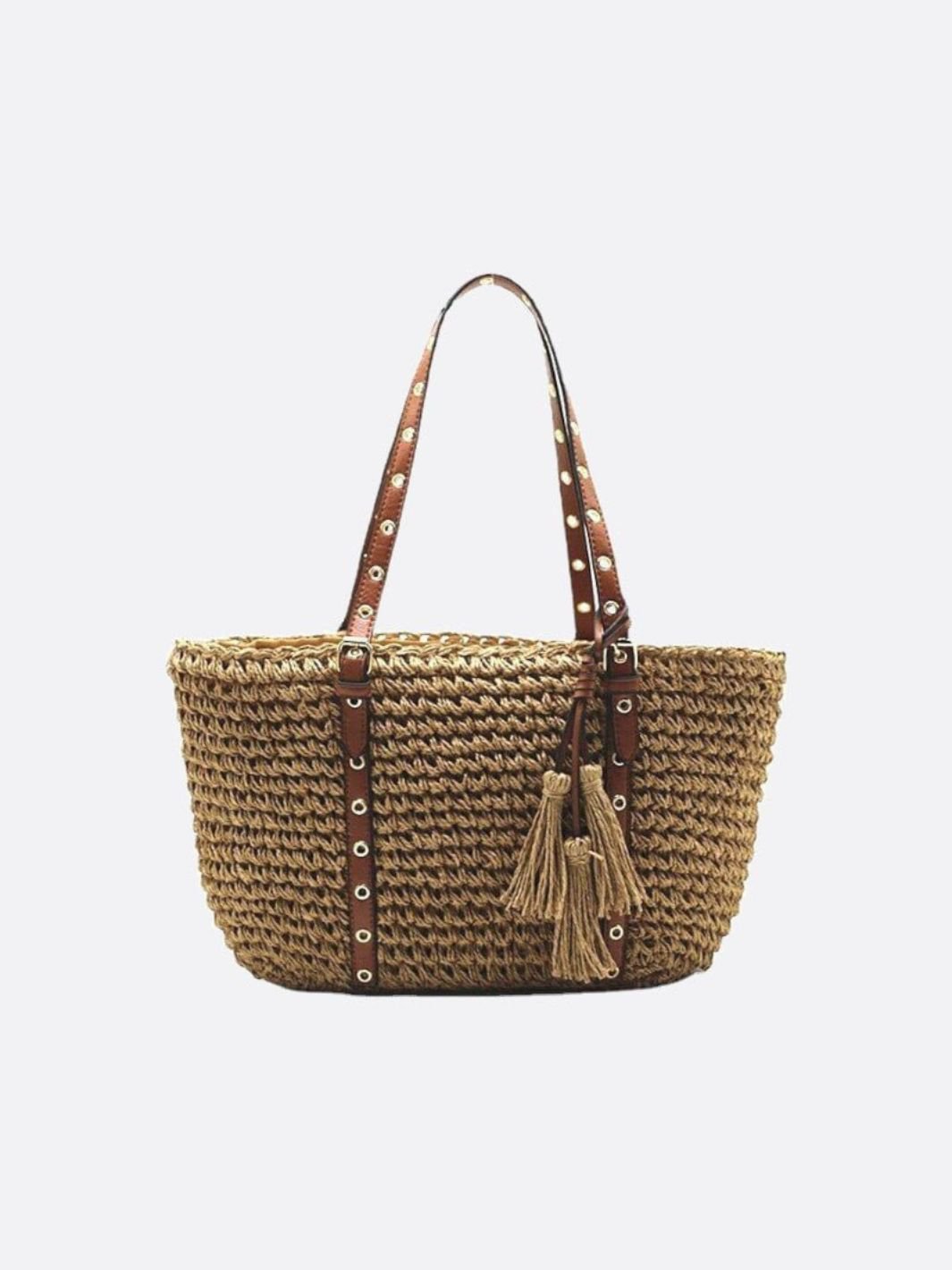 Bolso Cesta de Paja con Asas de Piel Sintética y Borlas