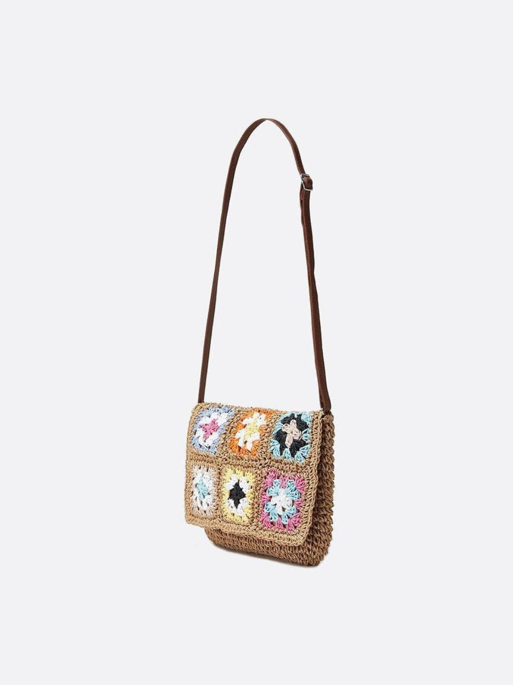 Bolso Bandolera de Paja y Crochet con Cuadros de Colores