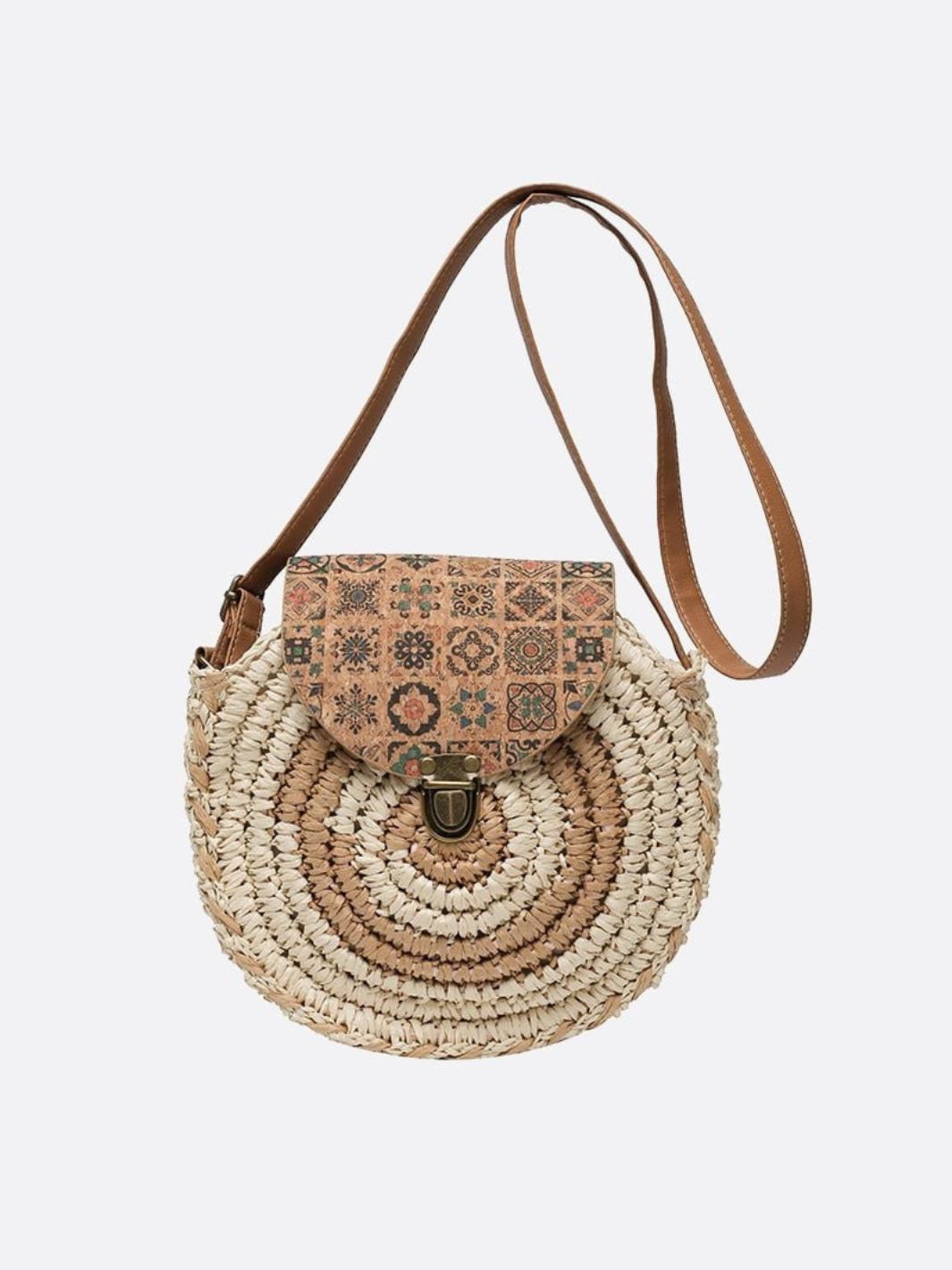 Bolso Redondo de Paja con Solapa Étnica