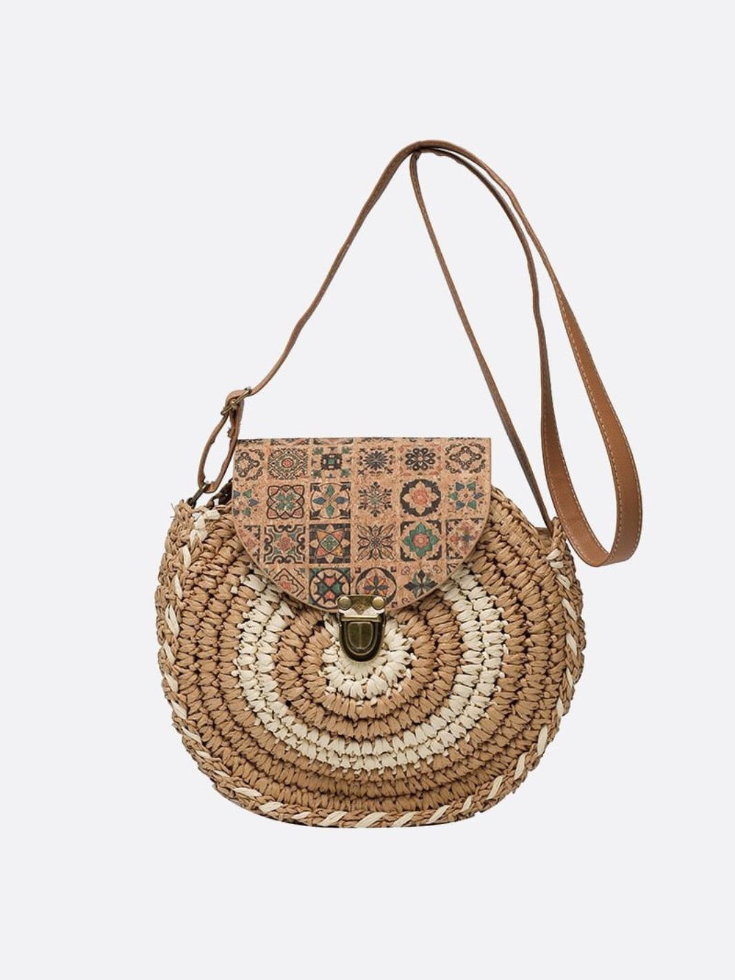 Bolso Redondo de Paja con Solapa Étnica