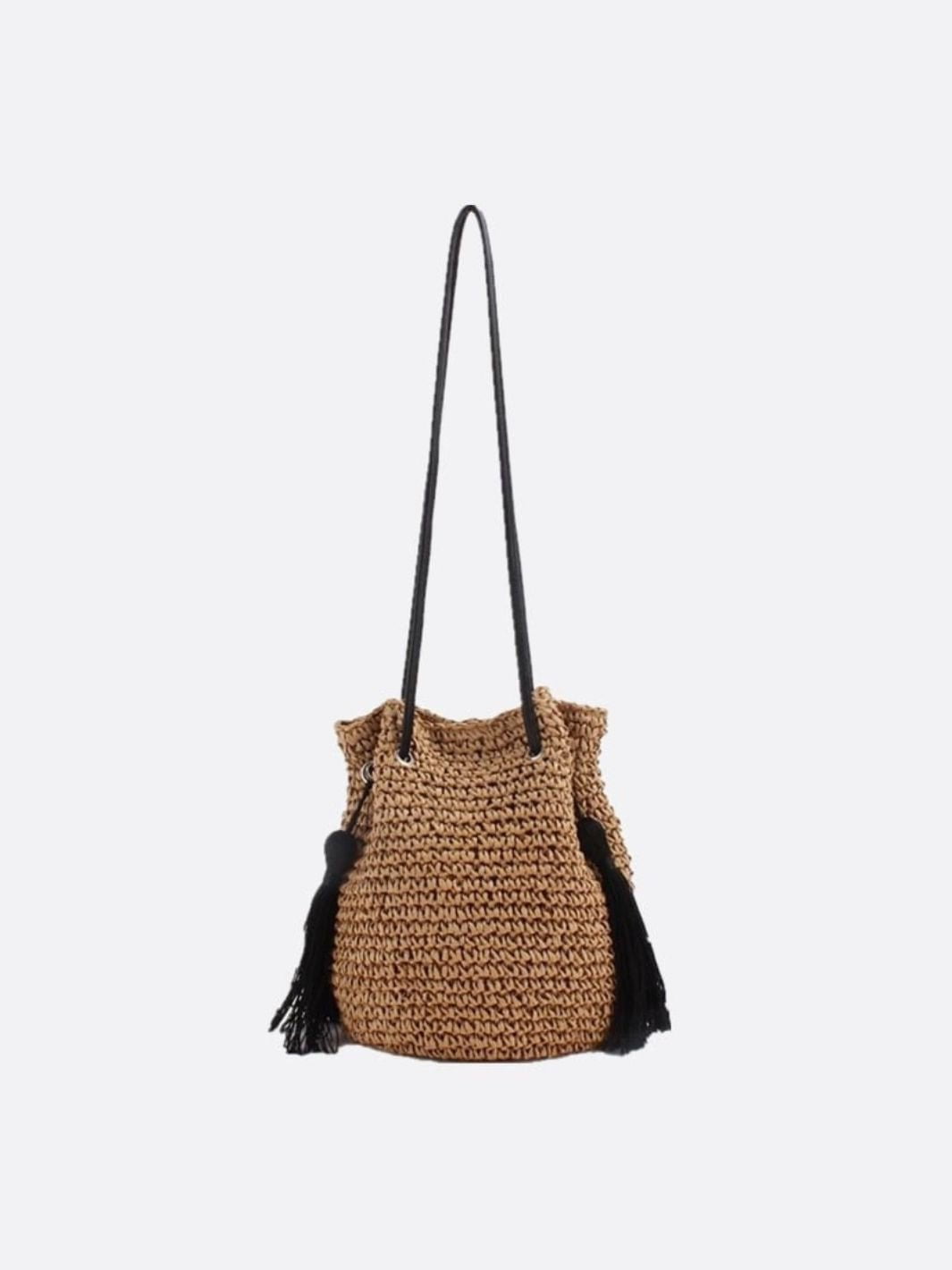 Bolso Tipo Saco de Paja con Cordón y Flecos